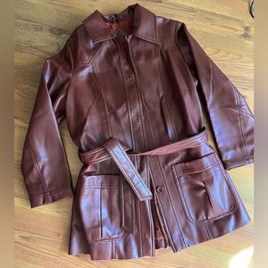 Vintage Burgundy Brown Faux Leather Belted Trench